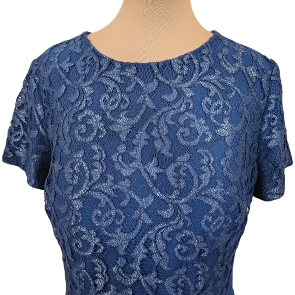 RALPH LAUREN Metallic Blue Lace Sheath Cocktail Dress - Size 18 - Picture 6 of 17